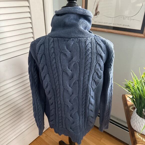 LL Bean Sweater Womens Large Petite Blue Cable Knit Funnel Neck Pullover Classic - Picture 6 of 10